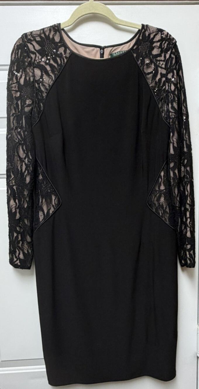 Lauren Ralph Lauren Black Stretch LBD Dress Nude Lining Sequins Lace Size 14